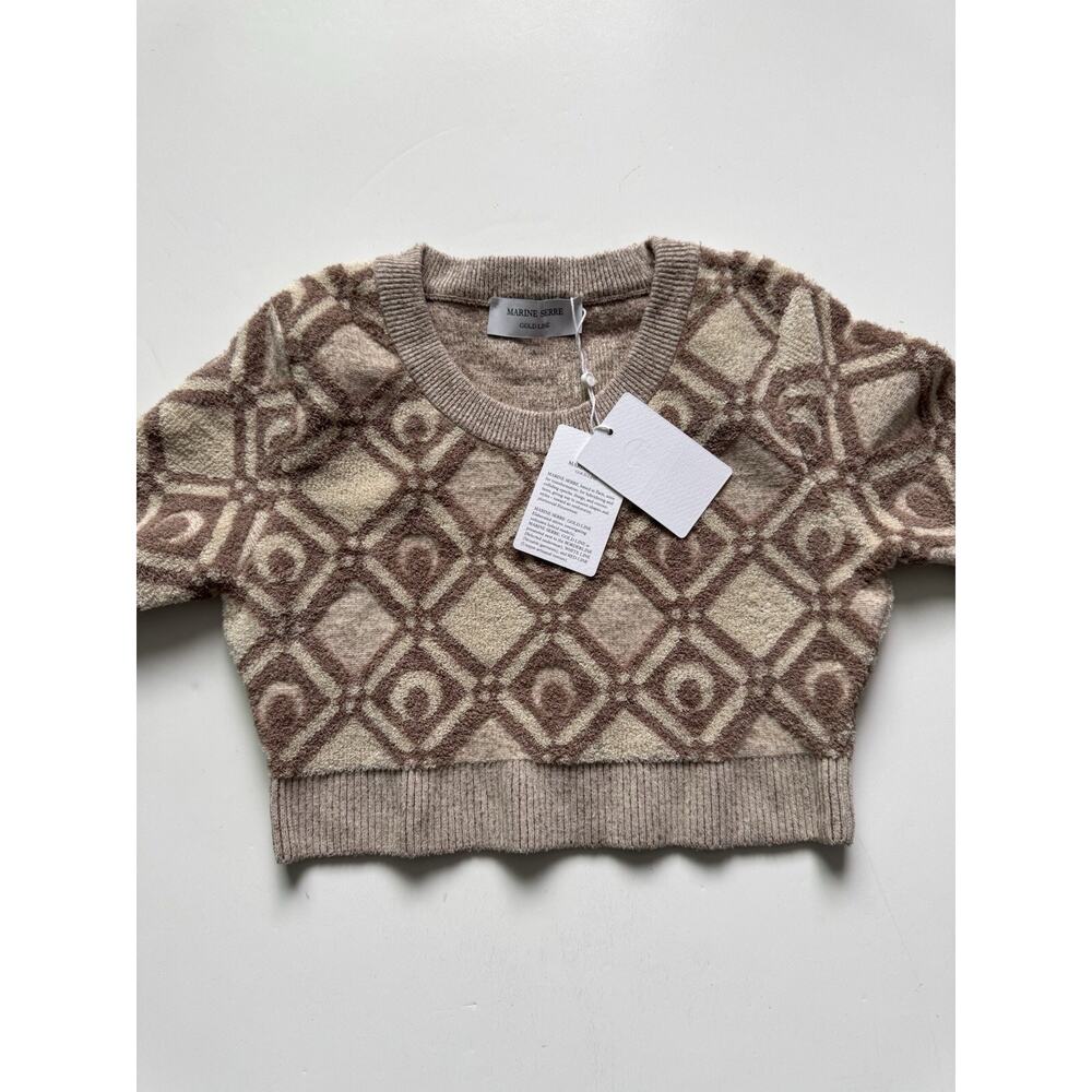 MARINE SERRE Jacquard Knit Beige Logo Crop Top Sweater Short Sleeve Women L NWT